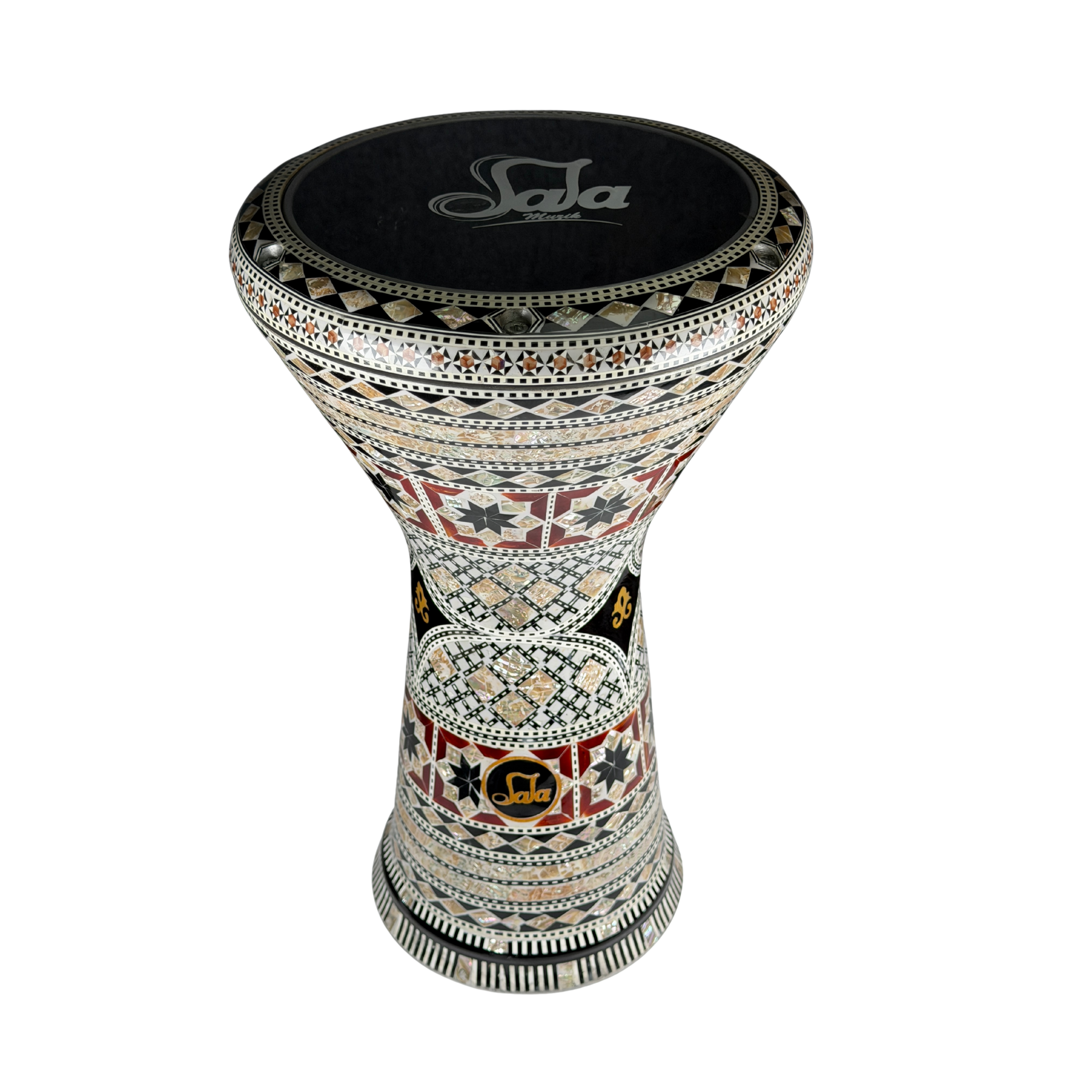 Decorative Gawharet El Fan Mother of pearl Darbuka with intricate patterns and 'Sala' branding on a white background