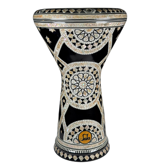 Decorative Darbuka with intricate patterns on a white background